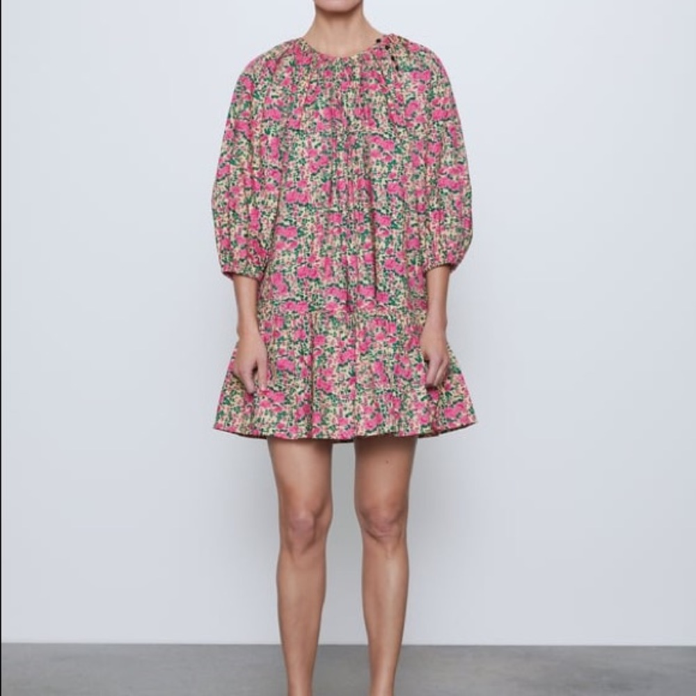 Zara puff sleeve oversized flowy Floral Mini dress 6895/051